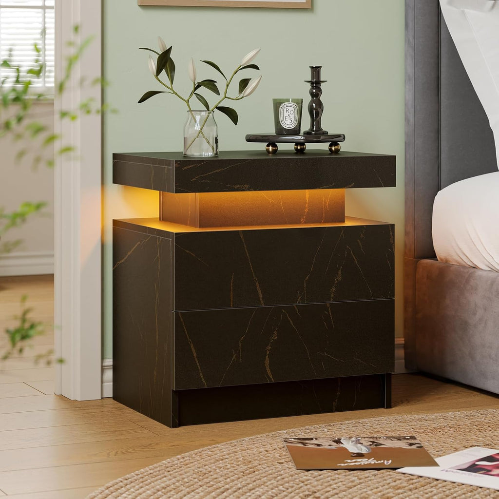 Cubehom Nightstands Set of 2, Bedside Tables with LED Lights, Night Stands with 2 Wood Drawers, End Tables Set of 2 for Living Room/Bedroom