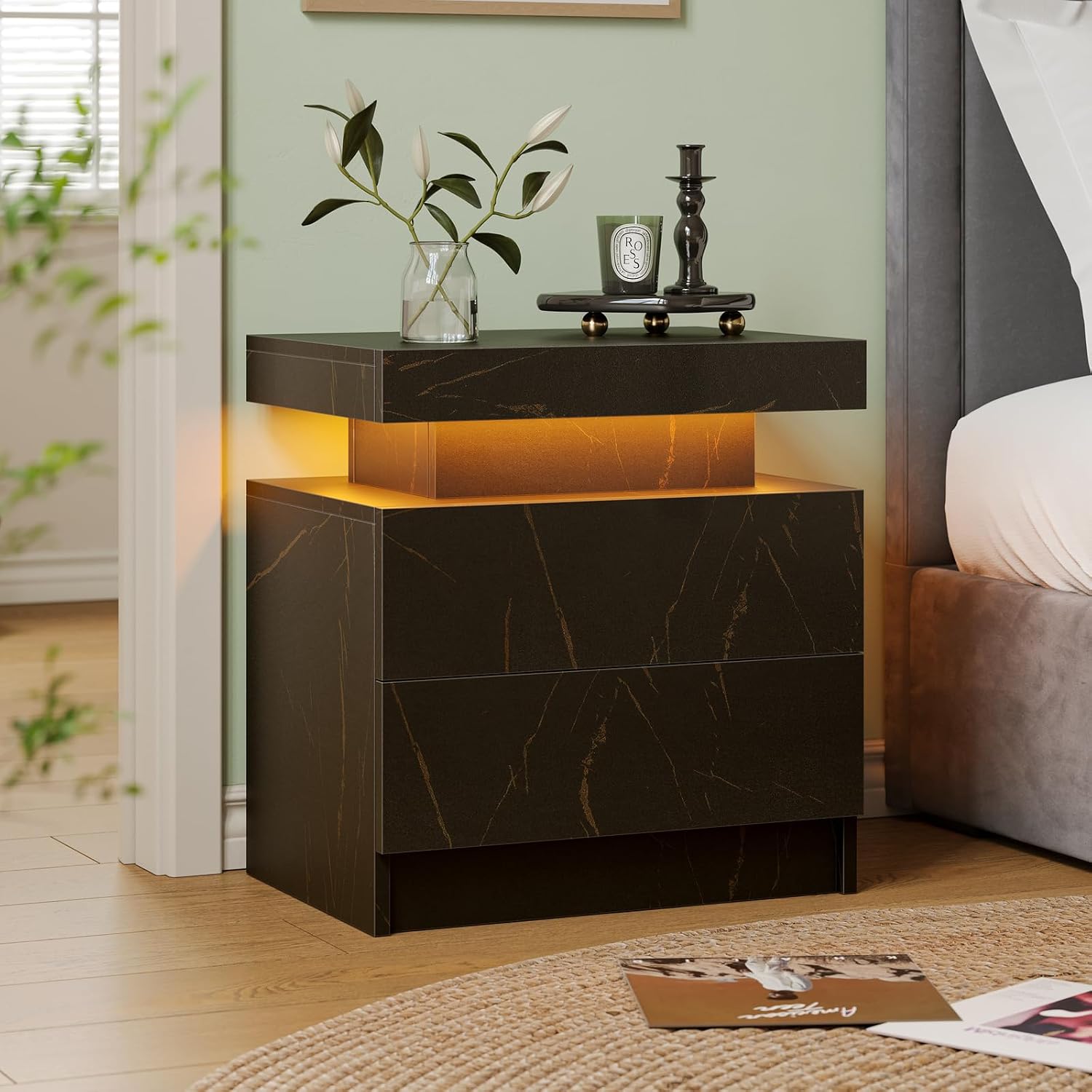 Cubehom Nightstands Set of 2, Bedside Tables with LED Lights, Night Stands with 2 Wood Drawers, End Tables Set of 2 for Living Room/Bedroom