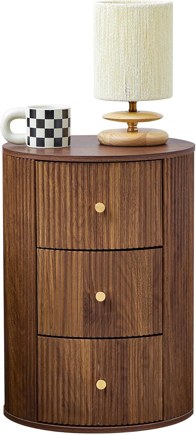 FurSch Fully Assembled Round End Table, Fluted Mid Century Side Table with 3 Storage Drawers for Living Room, Bedroom, Couch (Walnut-1 pc)