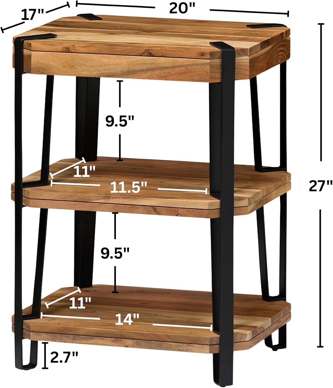 Ryegate 3-Tier End Table with Storage – Live Edge Solid Acacia Wood Side Table with Industrial Metal Frame and 2 Open Lower Shelves for Living Room, Bedroom, Entryway by Alaterre Furniture