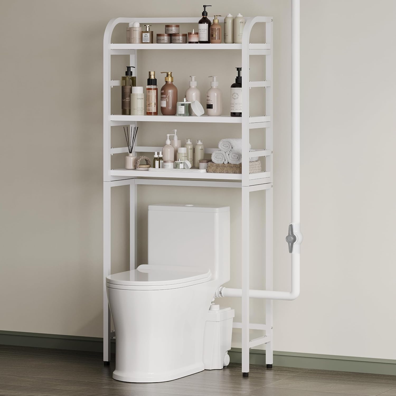 Macerating Skirted Toilet Combo with Storage Shelf, Upflush System for Basement/Bathroom, 1.28 GPF Dual Flush, White Elongated Toilet Bowl & Tank, Easy Install Up to 22 Ft Vertical/225 Ft Horizontal