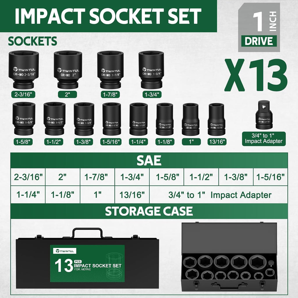 1 Inch Drive Impact Socket Set, SAE, 6 Point,13pcs Large Socket Set(1'- 2-3/16'), 42 CR-Mo Jumbo Impact Socket Kit with 3/4'F x 1'M Adapter & 13/16'Socket, for Truck & Equipment Repair