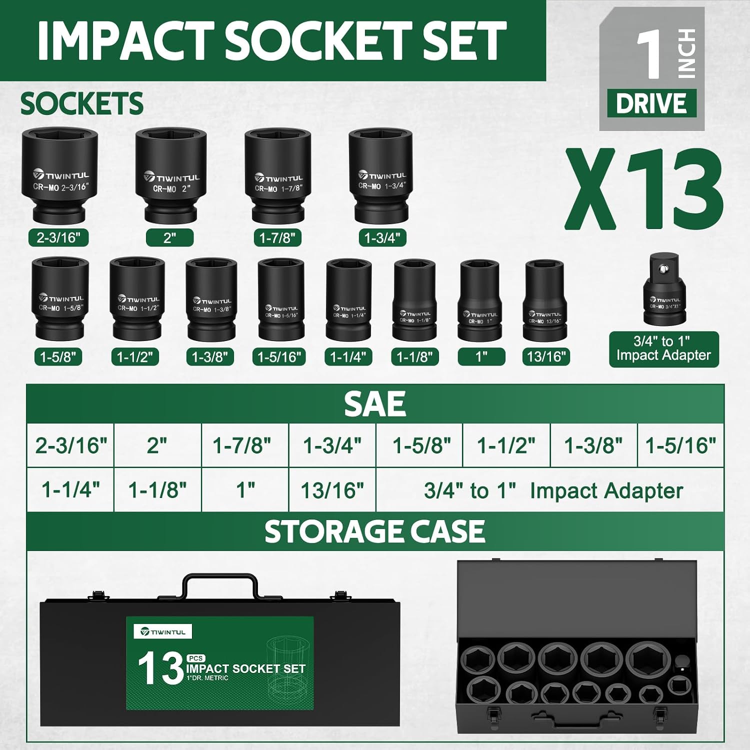 1 Inch Drive Impact Socket Set, SAE, 6 Point,13pcs Large Socket Set(1'- 2-3/16'), 42 CR-Mo Jumbo Impact Socket Kit with 3/4'F x 1'M Adapter & 13/16'Socket, for Truck & Equipment Repair