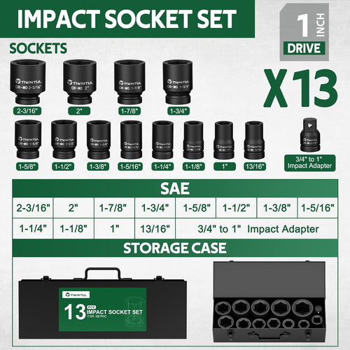 1 Inch Drive Impact Socket Set, SAE, 6 Point,13pcs Large Socket Set(1'- 2-3/16'), 42 CR-Mo Jumbo Impact Socket Kit with 3/4'F x 1'M Adapter & 13/16'Socket, for Truck & Equipment Repair
