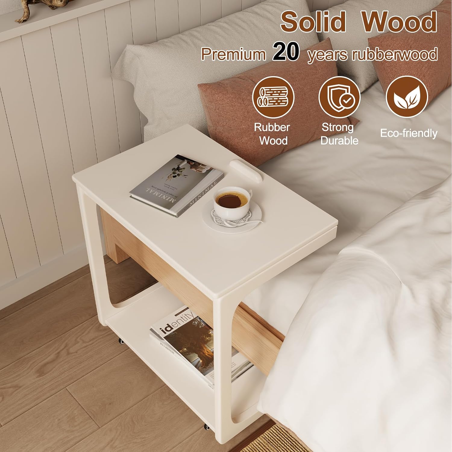 AQIMUELE Wooden C-Shaped End Table,Couch Table with Adjustable Desktop,Small Rolling Side Table with 2 Lockable Wheels 23.6' Width,Small End Table for Couch, Living Room,Bedroom (White)