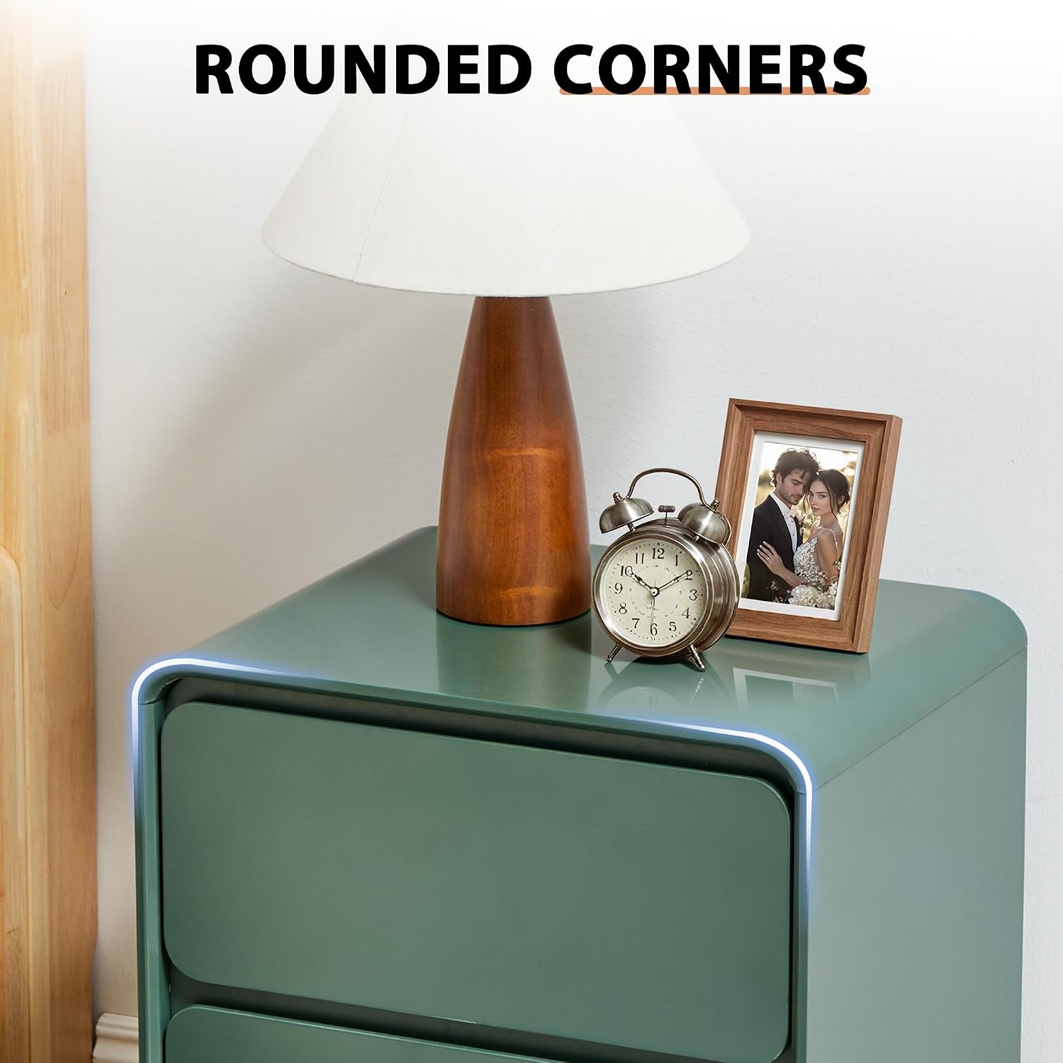 Small Night Stand Set of 2, Mid Century Modern Nightstands with 2 Drawers and Solid Wood Legs, 2 Drawer Dresser Curved Profile Design End Table Side Table for Small Space, Dorm, Bedroom(Green)