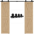12FT Sliding Barn Double Door Hardware Cabinet Closet Track Kit Top Mount T Rollers Hangers Set for 2 Doors Black