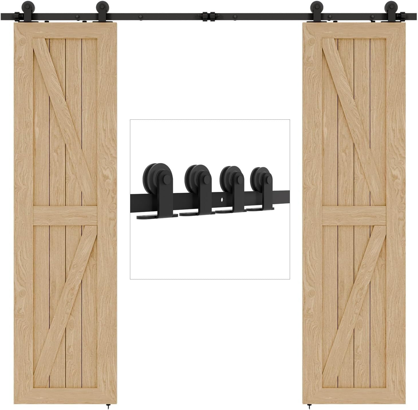 12FT Sliding Barn Double Door Hardware Cabinet Closet Track Kit Top Mount T Rollers Hangers Set for 2 Doors Black