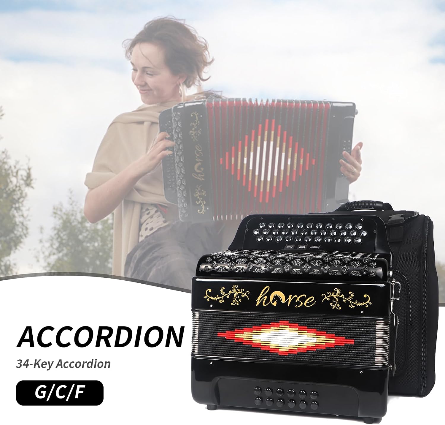 Horse 34 Key Accordion,12 Bass 3-Row G/C/F Diatonic Accordions Instruments for Adults with Luxury Backpack and Straps, 34 Buttons Button Acordeón Acordeones Para Adultos For Beginners to Professionals
