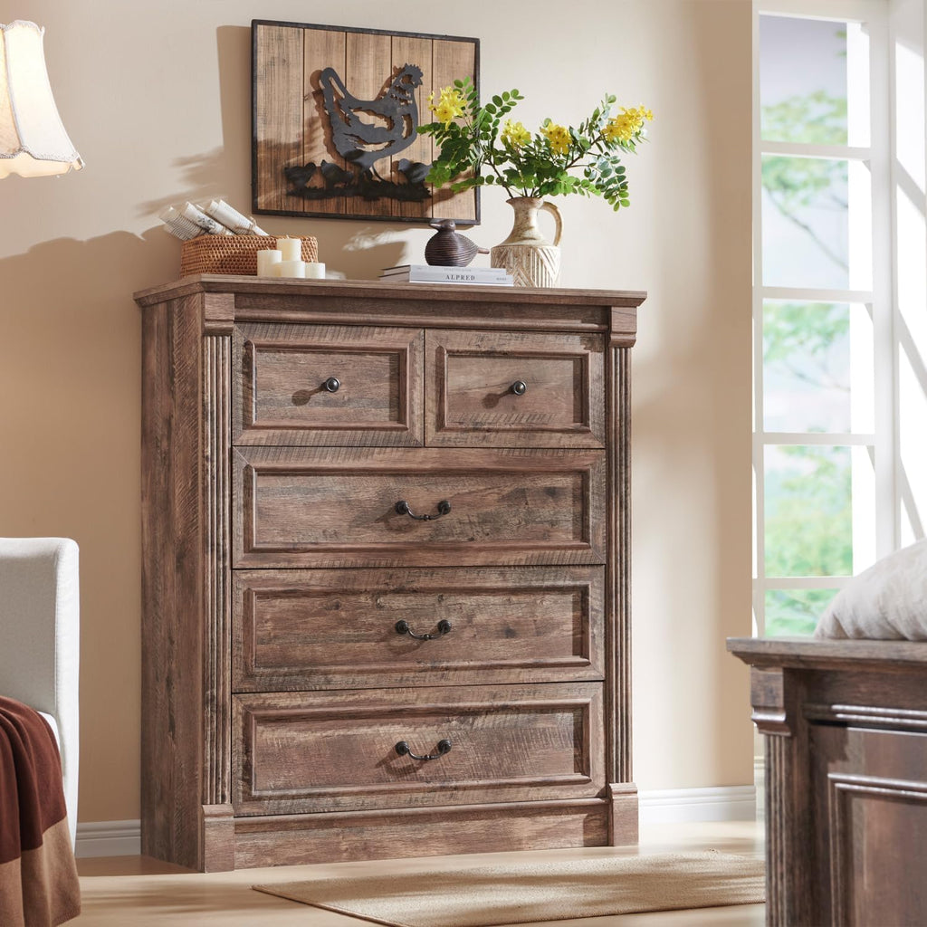 Aitjunz Farmhouse 5 Drawers Dresser for Bedroom, 46' Tall Dressers & Chests of Drawers w/Roman Column, Large Storage Dressers Organizer for Bedroom, Hallway, Living Room, Light Brown