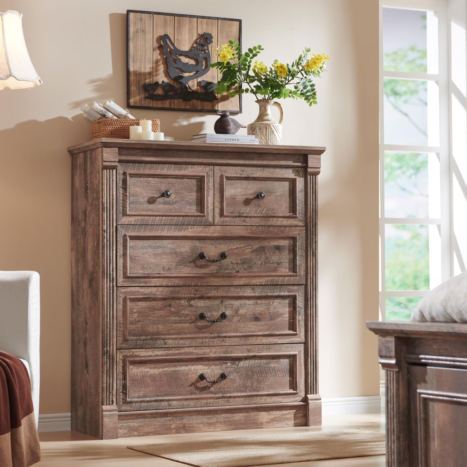 Aitjunz Farmhouse 5 Drawers Dresser for Bedroom, 46' Tall Dressers & Chests of Drawers w/Roman Column, Large Storage Dressers Organizer for Bedroom, Hallway, Living Room, Light Brown