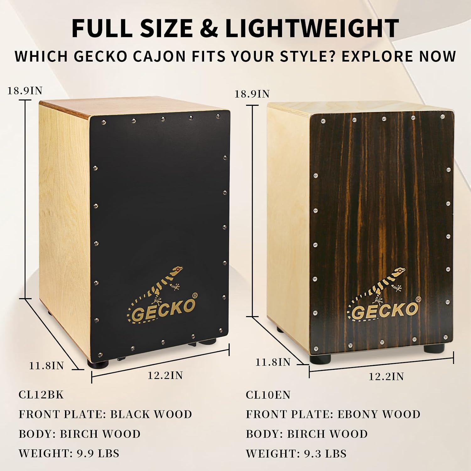 GECKO Cajon BOX Drum-Wooden Percussion Box musical instrument bass drum box acoustic box drum beat box with Internal Adjustable Guitar Strings cajon drum set package