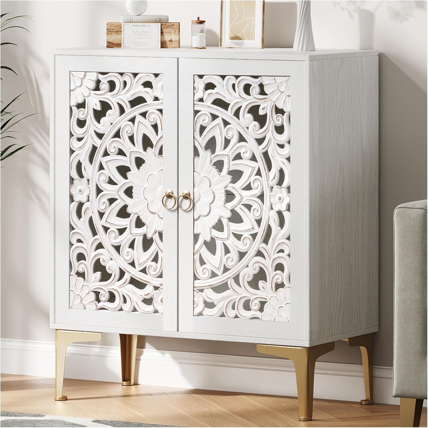 JOINICE 31.5' Accent Storage Cabinet with Carved Doors, White Boho Sideboard for Storage, Coffee Bar Cabinet & Entryway Table with Gold Legs, Decorative Buffet Cabinet for Dining Room, Living Room