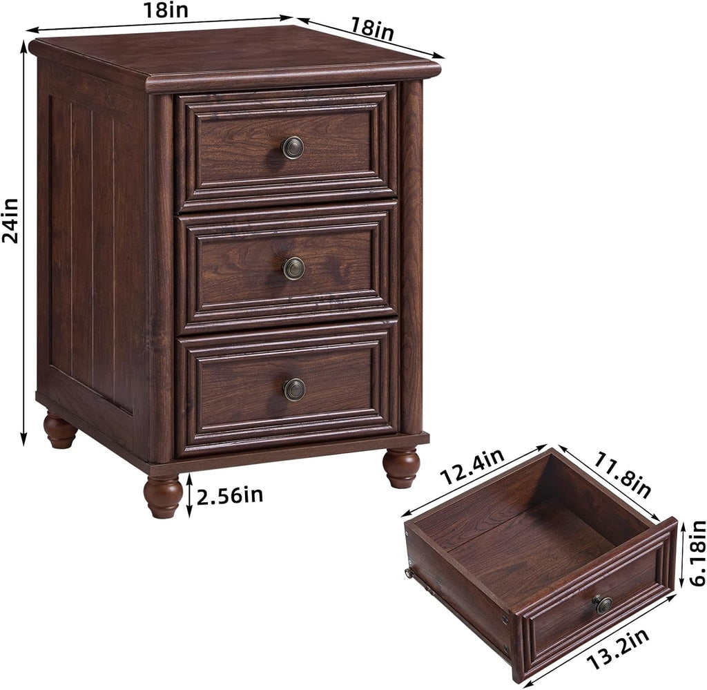 RWYHG 18' Farmhouse Night Stand Set of 2, Walnut Wood Nightstand with 3 Drawers, Bedside End Table with Storage and Roman Column, Bed Side Tables Cabinet for Bedroom, Living Room, and Closet