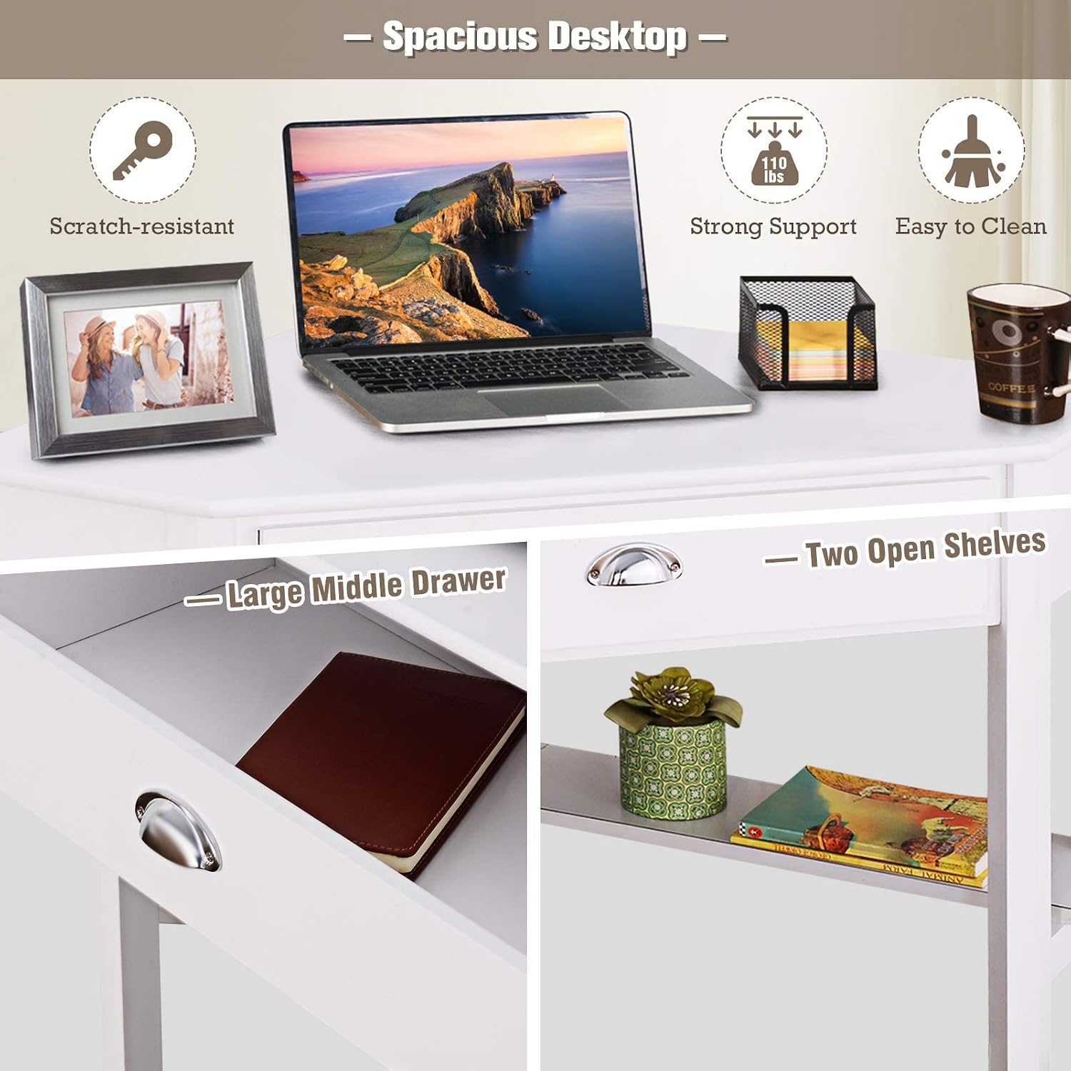 DORTALA Corner Desk, Writing & Study Corner Computer Desk, Laptop PC Table, Wood Home Office Desk, Small Corner Desk w/Storage Drawer, Shelves, Office Study Workstation, White Corner Desk (White)