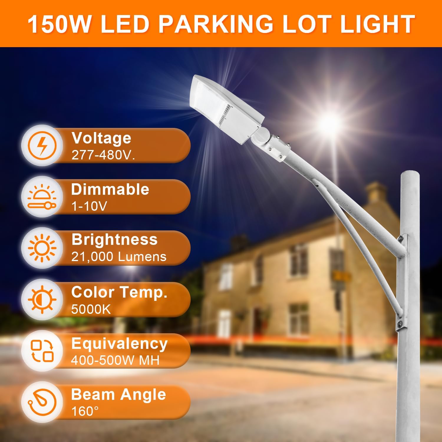 480V 150W White LED Parking Lot Light, 21000LM LED Shoebox Area Light [500W MH/HPS Equiv.], 5000K Dimmable Outdoor Street Lighting with Surge Protection Built-in, IP65 AC100-277V UL Listed