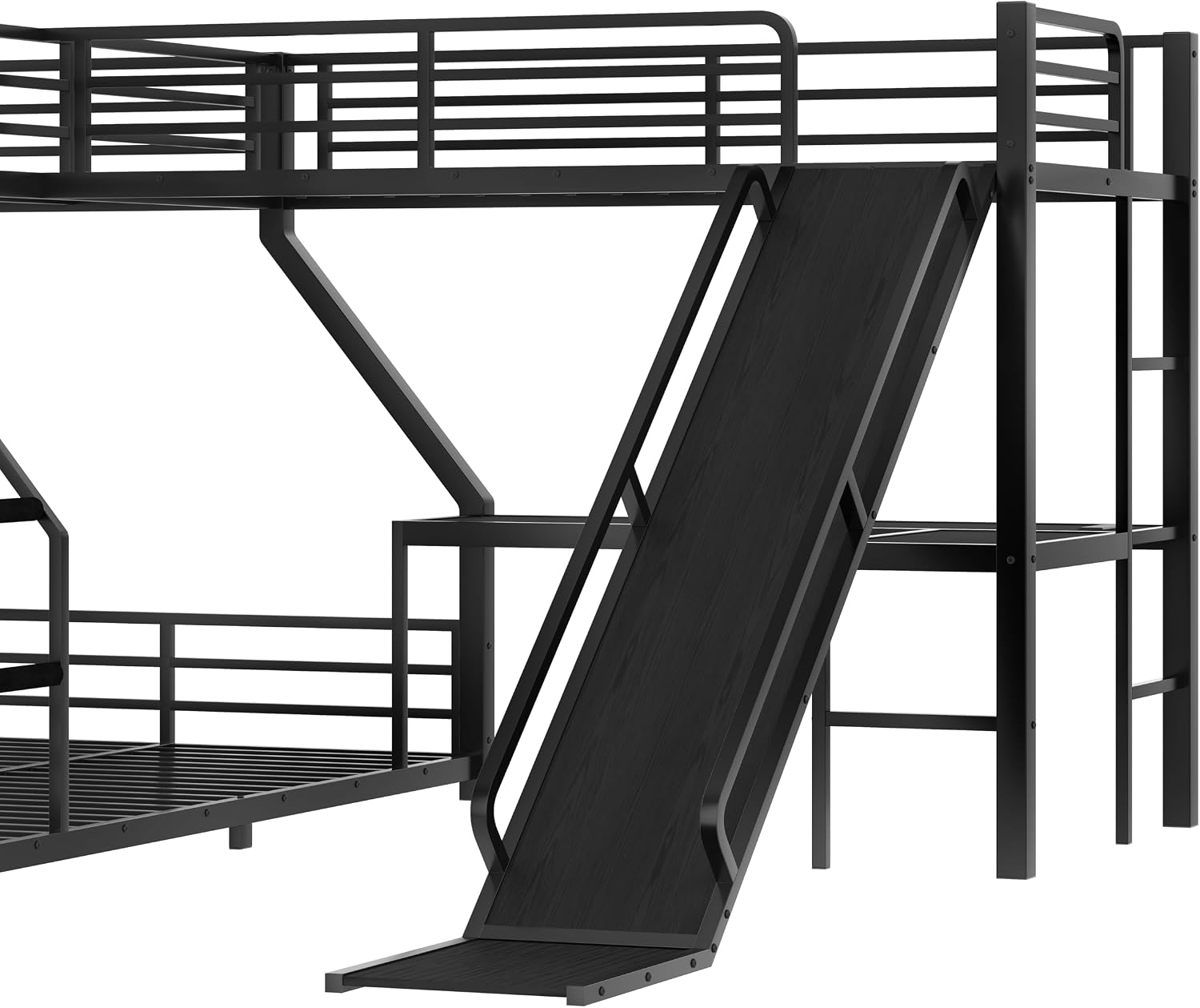Bellemave Triple Bunk Beds, L-Shape Twin XL Over Queen Bunk Bed Attached a Loft Bed with Desk, Triple Bunk Bed with Slide and USB Ports, Metal Corner Bunkbed Frame for Three Boys Girls Teens, Black