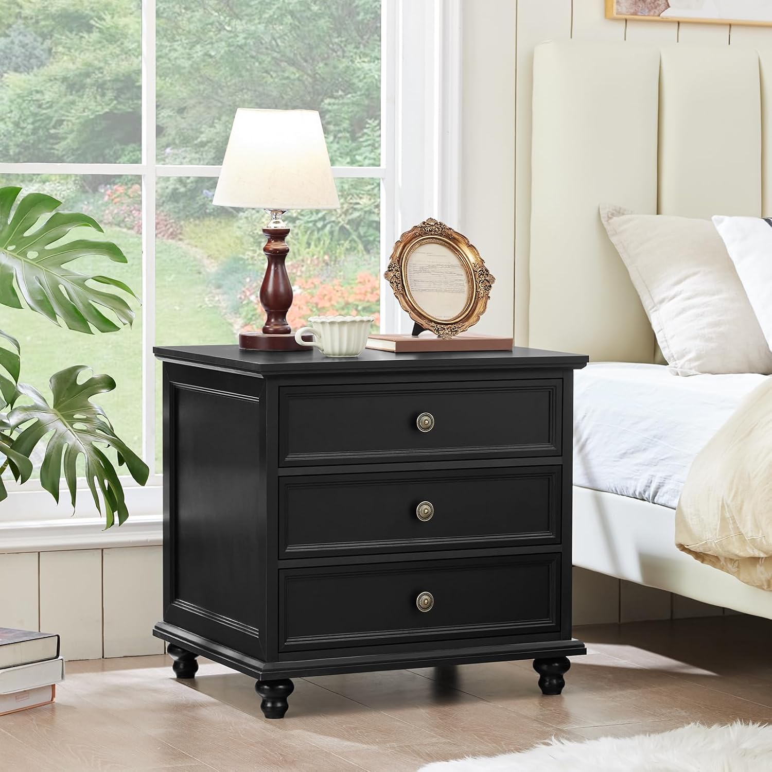 Joaxswe 24' Wide Farmhouse Night Stand Set of 2,Large End Table with 3 Drawers & Metal Handle,Black Wood Dresser for Bedroom,Bed Side Table Chest of Drawers Cabinet,Nightstand for Living Room,Closet