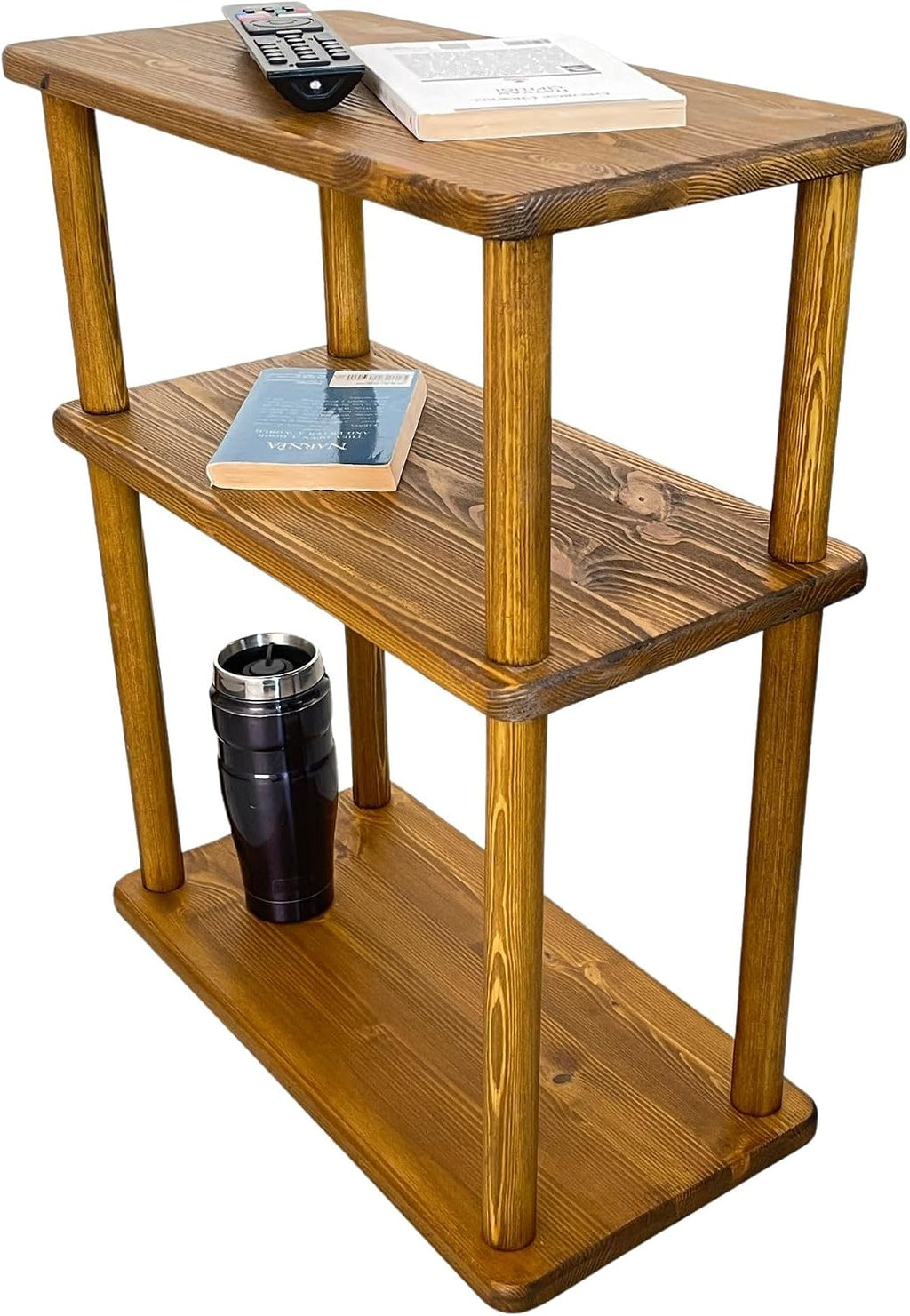 Handcrafted Solid 3-Tier Narrow Side Table, 10 Inch Pine Wood End Table for Living Room with Storage, Slim Bedside Table for Small Spaces, Nursery, Bedroom, Office (Walnut, Low)