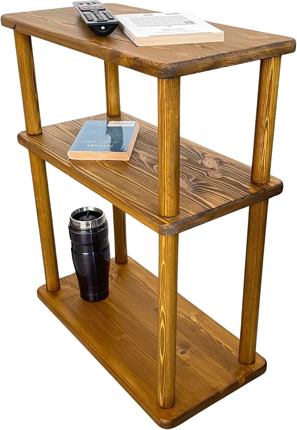 Handcrafted Solid 3-Tier Narrow Side Table, 10 Inch Pine Wood End Table for Living Room with Storage, Slim Bedside Table for Small Spaces, Nursery, Bedroom, Office (Walnut, Low)