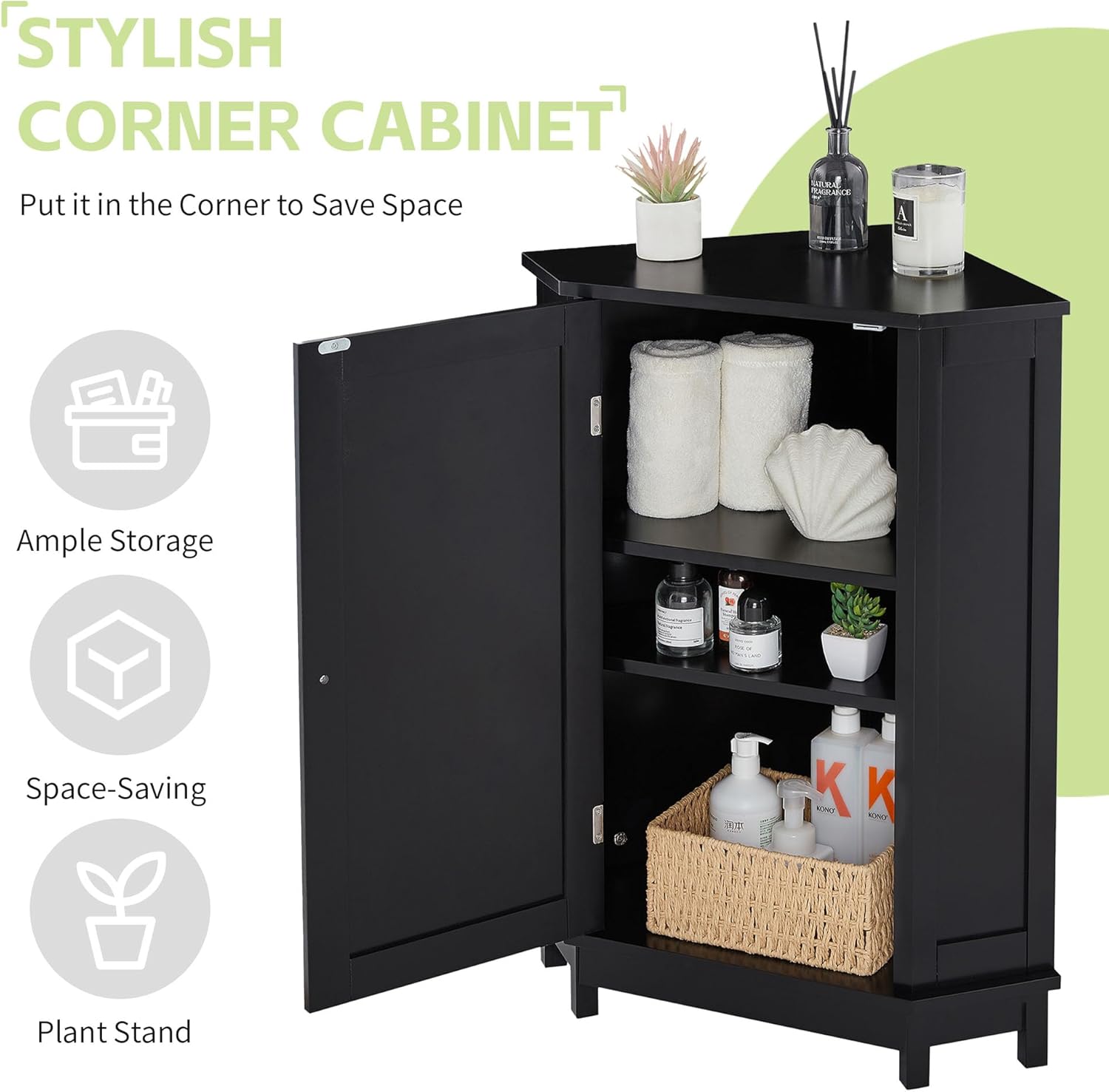Floor Corner Cabinet with Doors and Adjustable Shelves, Freestanding Bathroom Corner Storage Cabinet for Bathroom, Living Room (1 Door, Black)