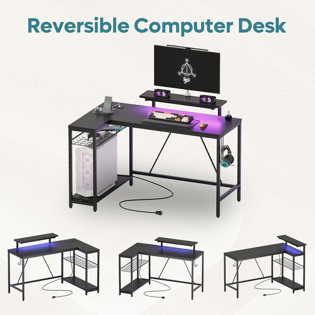 Bestier 52' Gaming Desk with Integrated Power Outlet & USB Ports, L-Shaped Computer Desk with LED Strip & Headphone Hooks, Perfect for Home Office Pink,Carbon Fiber Black