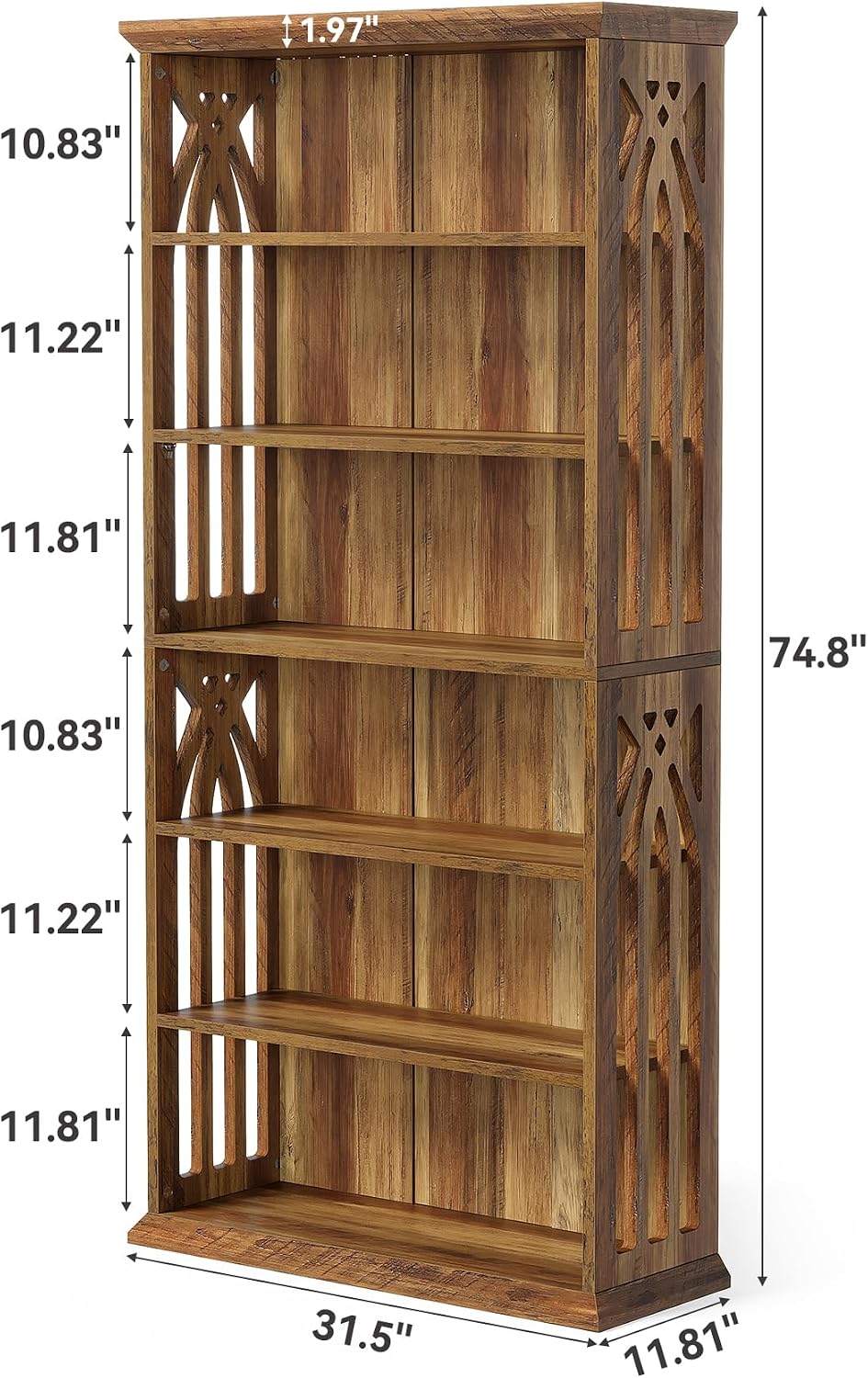 LITTLE TREE 6-Tier Bookcase, 75-Inch Farmhouse Bookshelves and Bookcases, Floor Standing 6 Shelf Wooden Display Storage Shelves Tall Bookcase for Home Office, Living Room, Bed Room, Brown