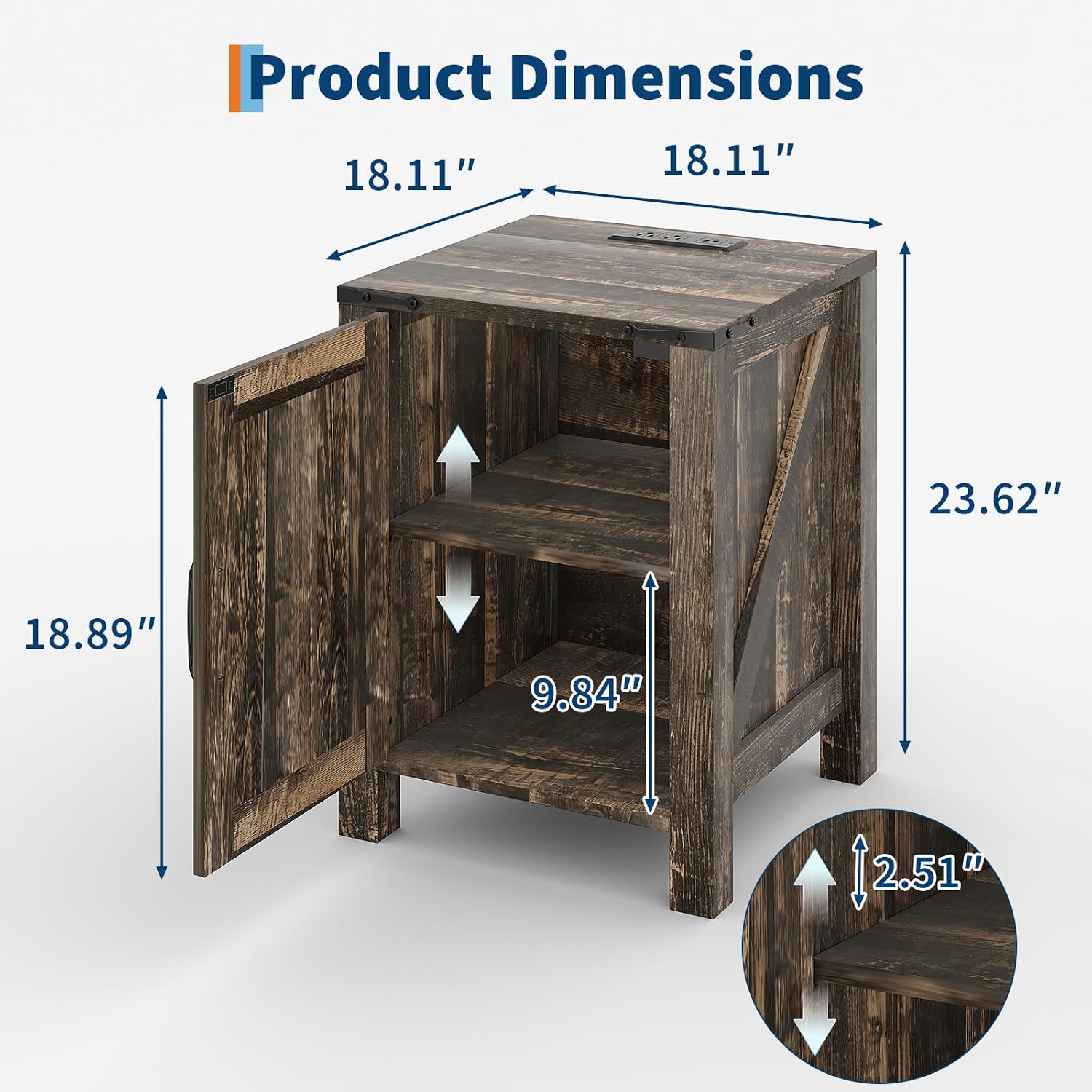 Garvee Rustic Farmhouse Nightstand with Charging Station, Barn Door and Adjustable Storage Shelf, Wooden Small Bedside Table, 18' Modern Two-Tier Nightstand & End Table for Bedroom (2, Dark Brown)