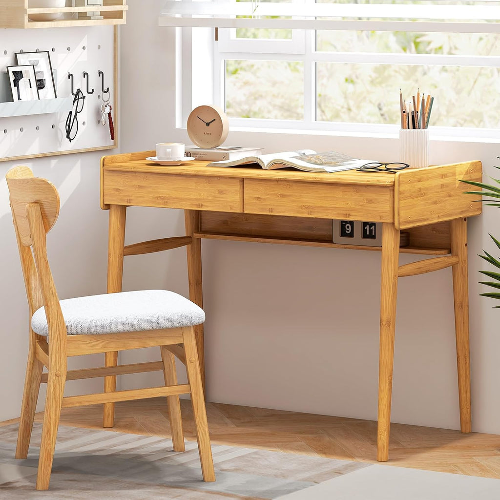 Tangkula Bamboo Mid Century Desk with 2 Storage Drawers, Home Office Study Writing Desk with Shelf & Cable Management Groove, Home Office Desk for Working & Learning (Natural)