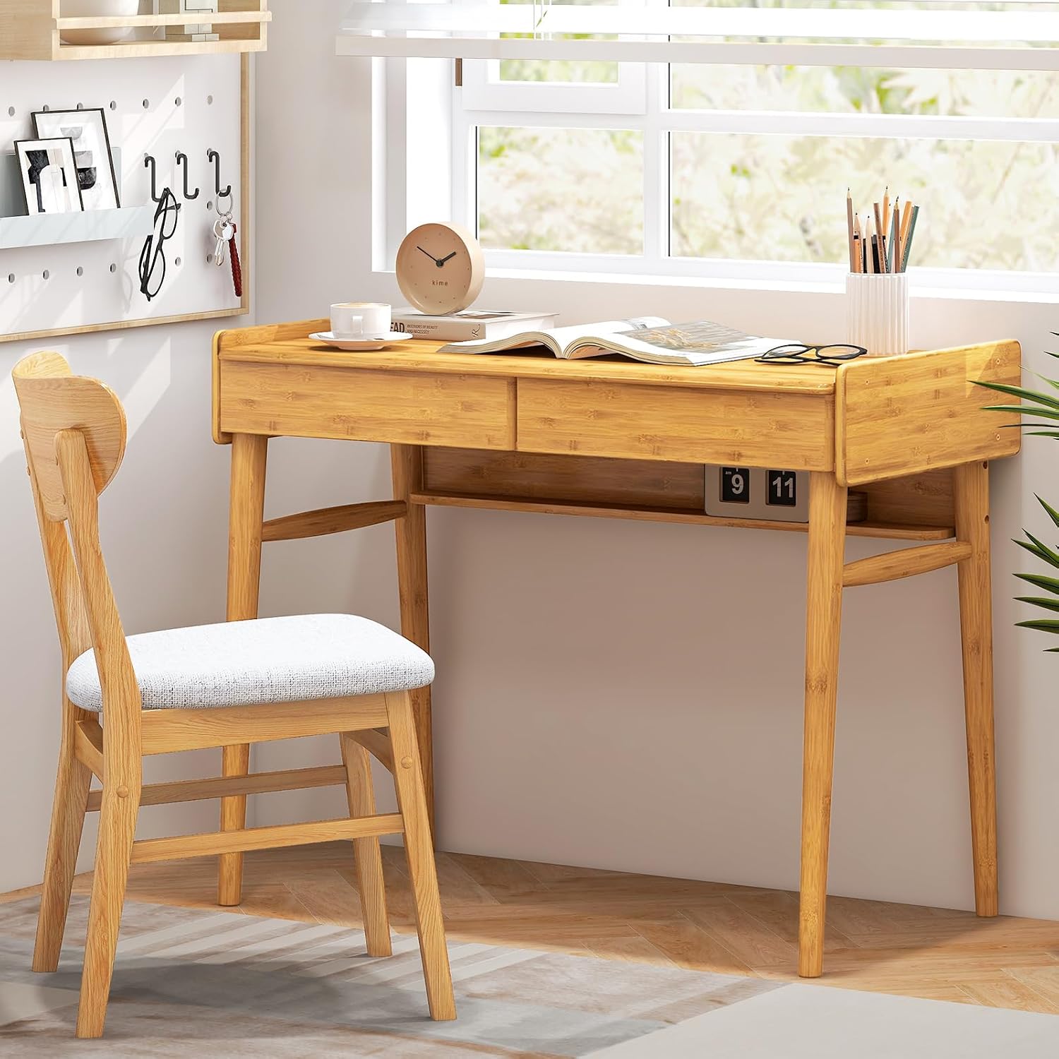 Tangkula Bamboo Mid Century Desk with 2 Storage Drawers, Home Office Study Writing Desk with Shelf & Cable Management Groove, Home Office Desk for Working & Learning (Natural)