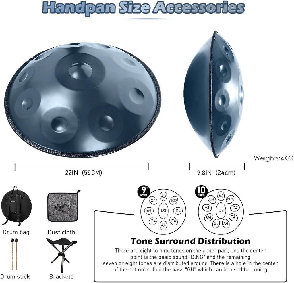 Handpan 22 Inches Drum Set, 440Hz 9 Notes Hand Drum Instrument, Premium Steel Hand Drum, Includes Carrying Case, Drumsticks, Spiral Wraps, Instruction Guide (22 Inches -9 Note -Blue)