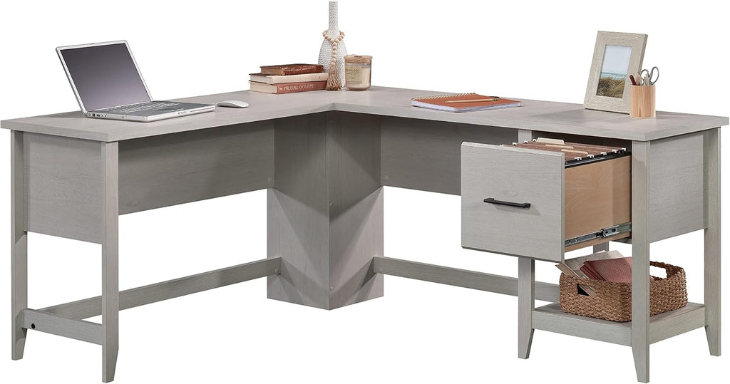 Sauder Summit Station L-Shaped Corner Home Office Desk with Drawer and Open Storage Shelf, in Glacier Oak