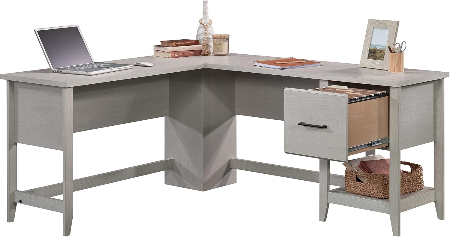 Sauder Summit Station L-Shaped Corner Home Office Desk with Drawer and Open Storage Shelf, in Glacier Oak