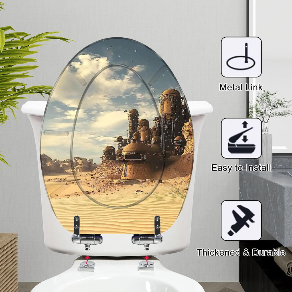 Elongated Toilet Seat Distant Desert Town Resin Toilet Seat Slow Quiet Close with Quick-Release Hinges Toilet Seat with Cover Easy to Clean Install