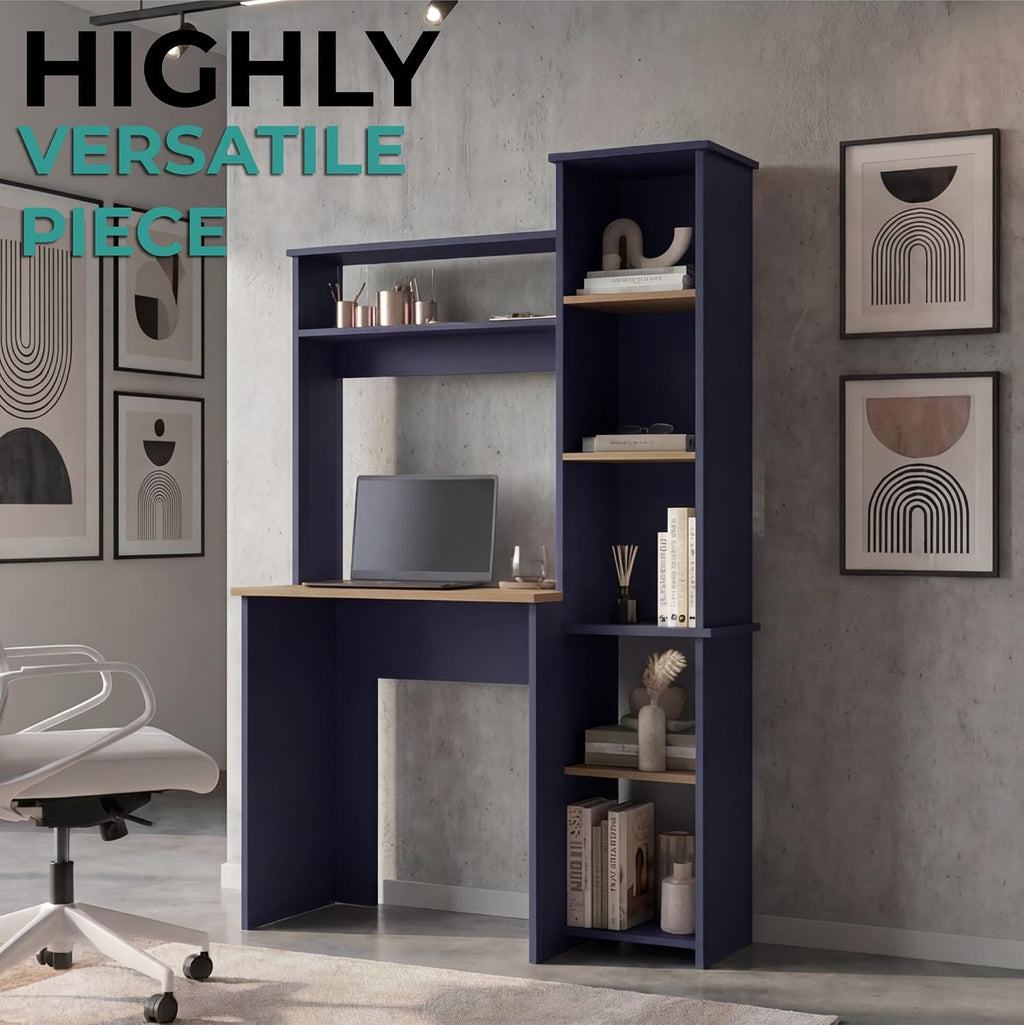 TUHOME Versalles Writing Desk with Large Monitor Shelf,Keyboard Tray and Five Side Open Storage Compartments,Modern Space-Saving Office Desk for Studios,Workspaces or Bedrooms, Functional Organization