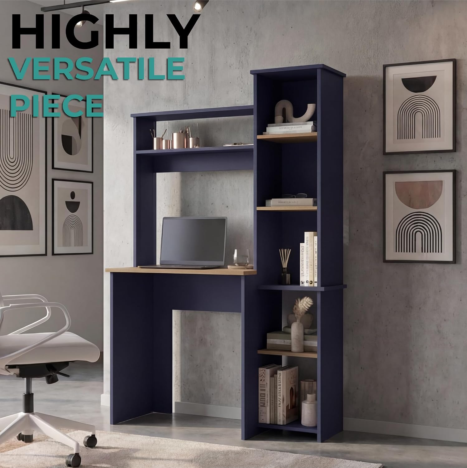 TUHOME Versalles Writing Desk with Large Monitor Shelf,Keyboard Tray and Five Side Open Storage Compartments,Modern Space-Saving Office Desk for Studios,Workspaces or Bedrooms, Functional Organization