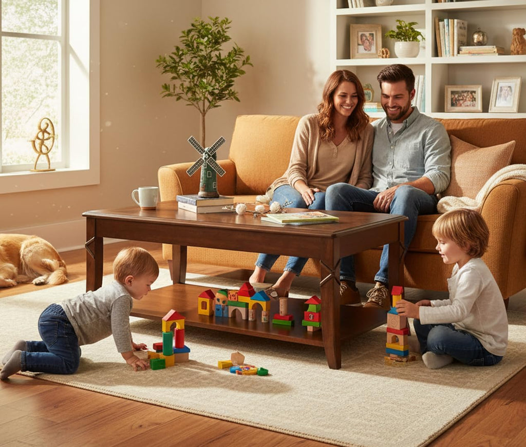 Living Room Tables Set of 3- One Coffee Table and Two End Table with Carved Tabletop and Leg, Mid-Century Sofa Beside Table and Center Table with Carved Legs, Easy Assembly, Cherry Brown KFZ-CJZ-DR200