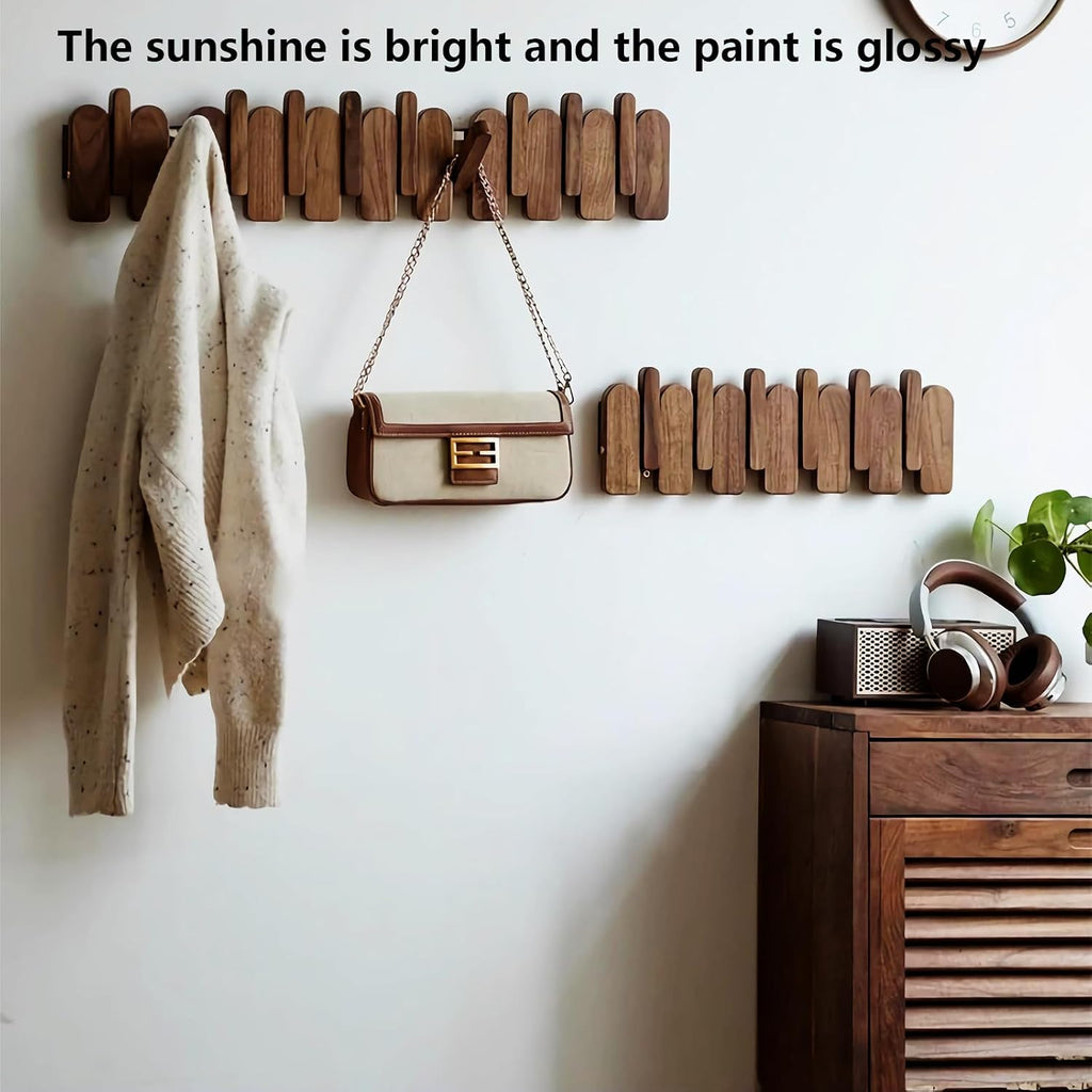 Wall Mounted Piano Key Hanger | Flip Style Hook | Entrance Wall Art Hook, Made of Oak Wood (3 Times Painted, 4 Times Polished) (Arc Walnut, 12Hooks)