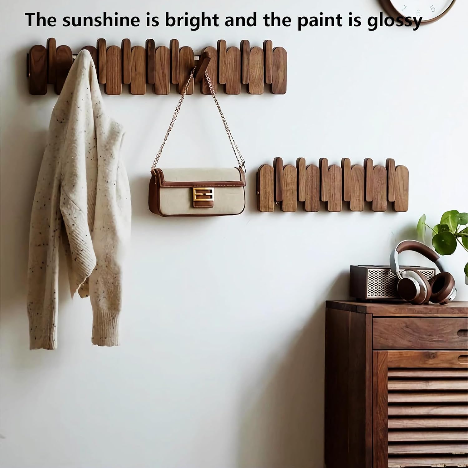 Wall Mounted Piano Key Hanger | Flip Style Hook | Entrance wall Art Hook, Made of Oak Wood (3 Times Painted, 4 Times Polished) (Arc Walnut-Beech, 12Hooks)