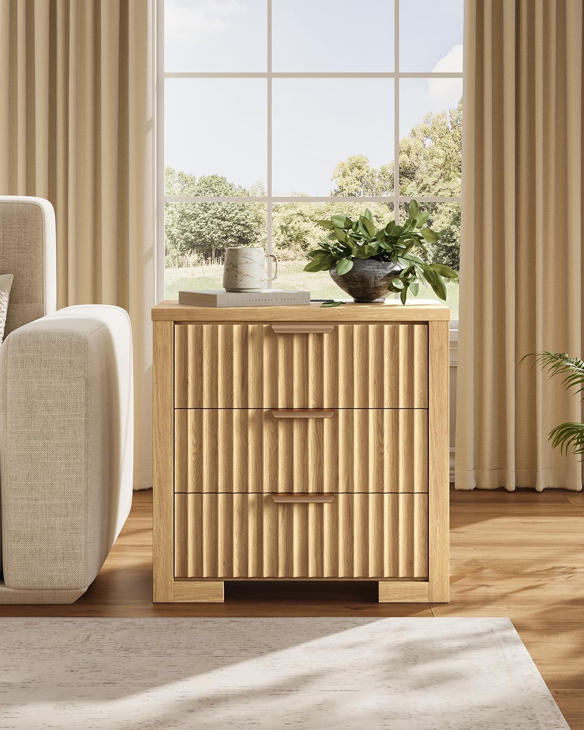 24' Fluted Night Stand with Charging Station, Wood Bedside Table with 3 Drawers, Modern nightstand for Bedroom, Office, Natural Oak