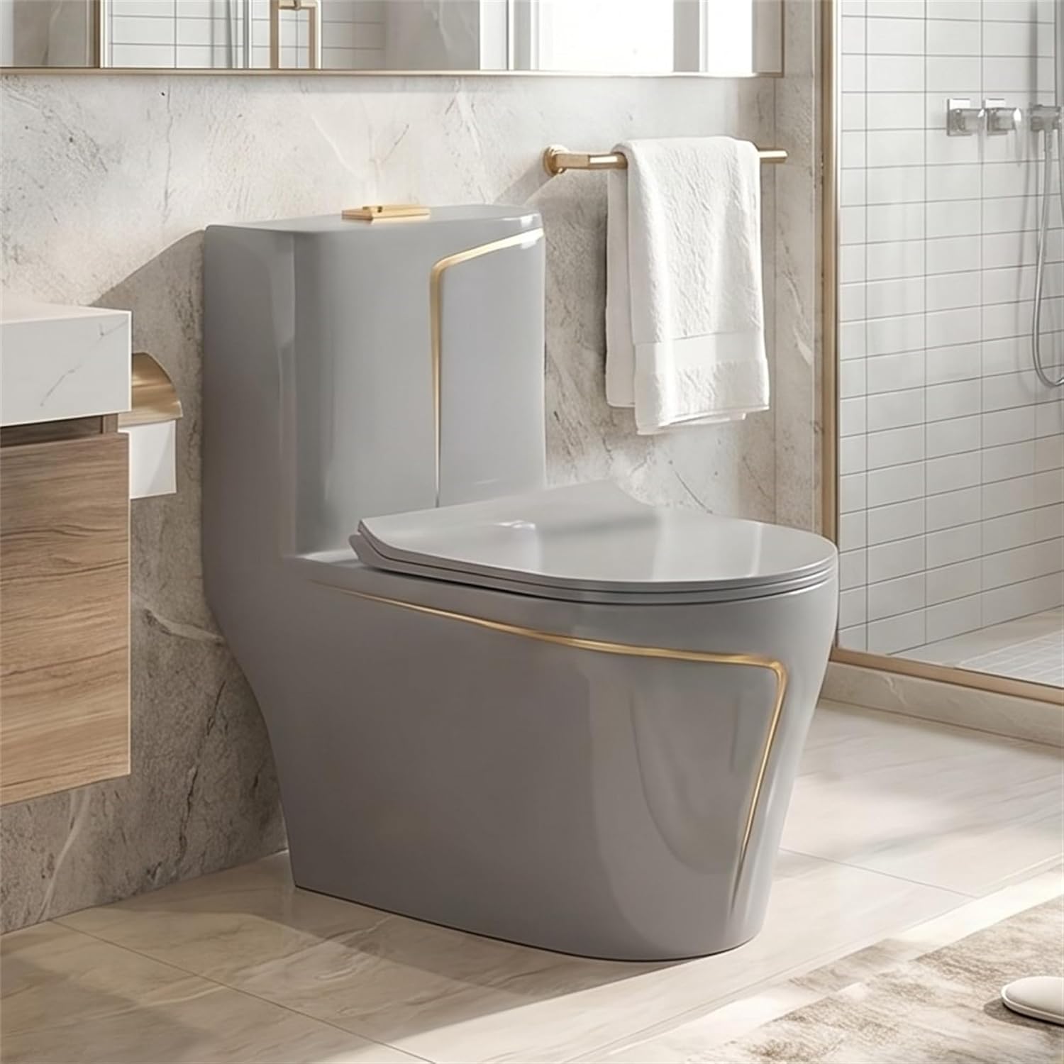 Elongated One Piece Toilet, Water Sense Dual Flush 1.85 Gallons Per Flush Compact Comfort Height, 12' Rough-In Small Bathroom Toilet, Grey (Seat Included)