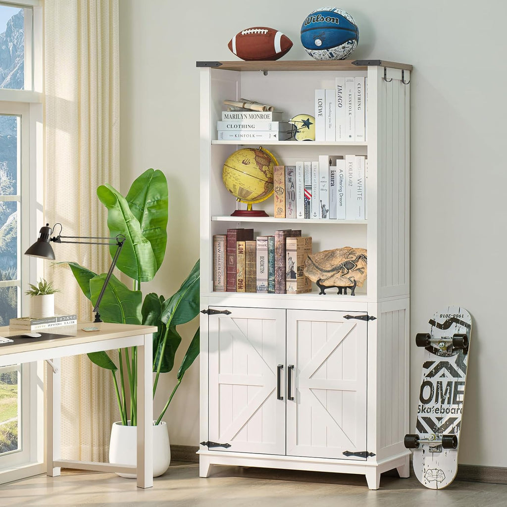 Joaxswe 70in Tall Bookshelf 5 Tier Bookcase with Barn Doors and Storage Cabinet, White Farmhouse Book Shelf with Adjustable Shelves, Wood Freestanding Display Bookshelves for Bedroom, Kitchen (3PCS)