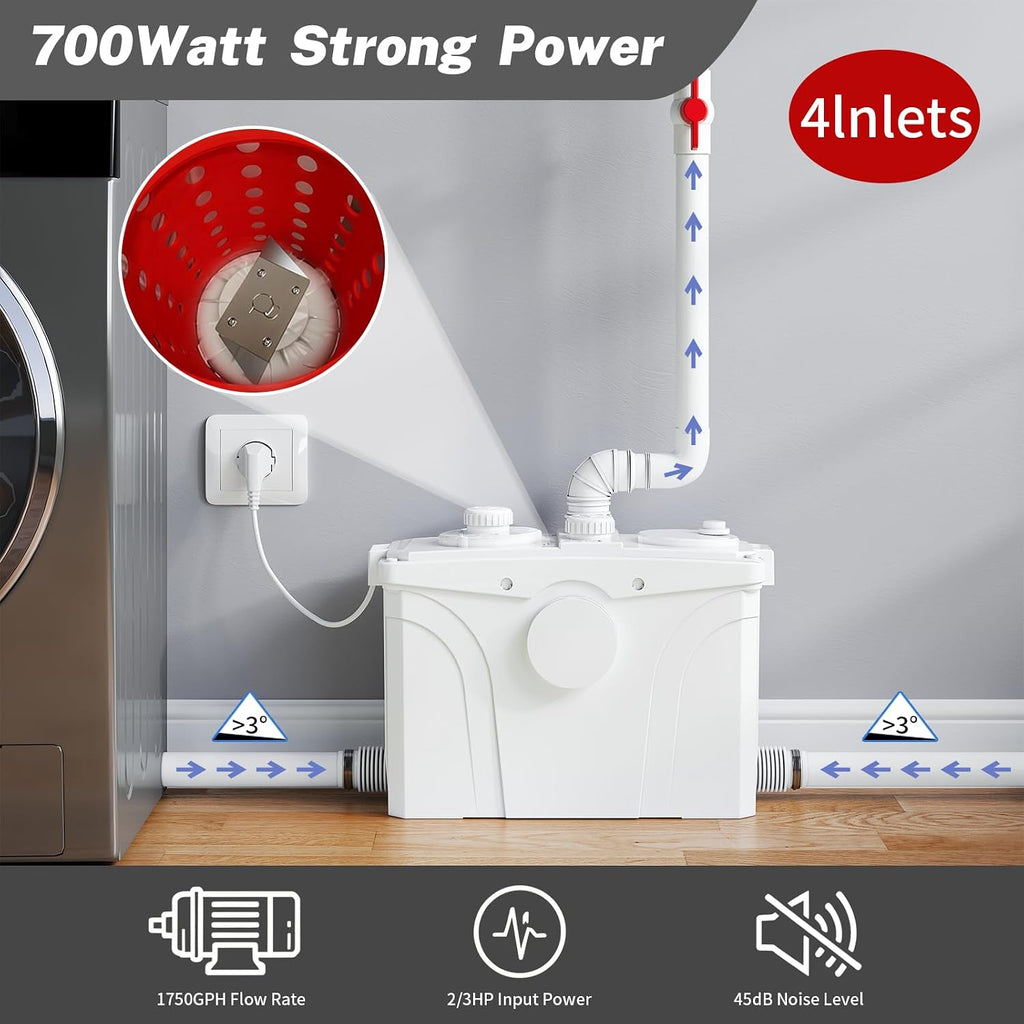 700W Macerating Toilet with Pump, Two-Piece Upflush Toilet For Basement, Powerful & Quiet Macerating Pump System With 4 Water Inlet, 23Ft Vertically, Elongated Bowl