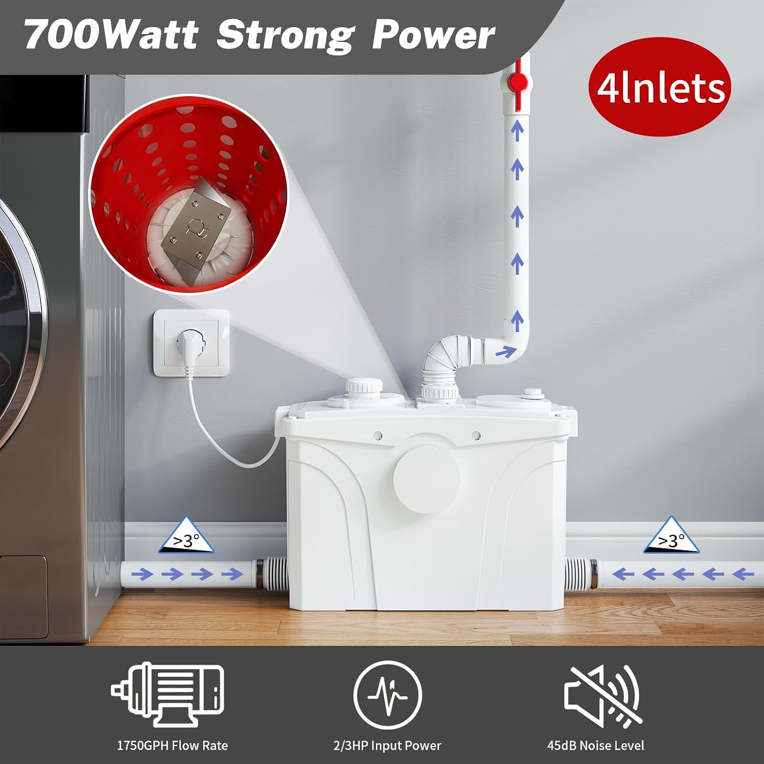 700W Macerating Toilet with Pump, Two-Piece Upflush Toilet For Basement, Powerful & Quiet Macerating Pump System With 4 Water Inlet, 23Ft Vertically, Elongated Bowl