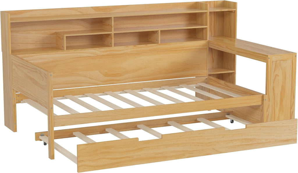 Harper & Bright Designs Twin Size Wooden Daybed with Storage Shelves, Multi-Functional Corner Bed Frame with Twin Size Trundle Bed and Study Desk for Kids Teen, Natural