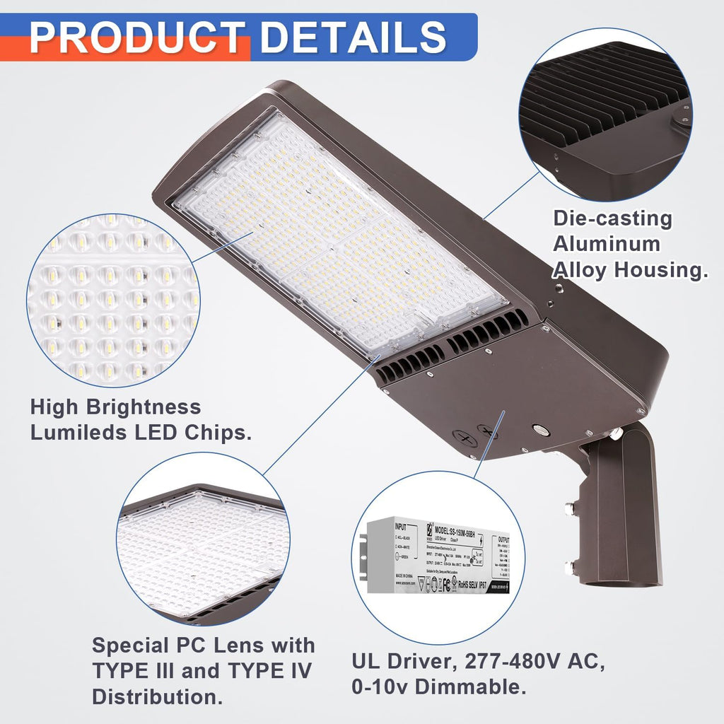 OSTEK 480V LED Shoebox Lighting, LED Area Pole Fixture for Parking Lot Lighting, IP65 Outdoor Commercial Area Road Lighting 5000K DLC UL Certified (Direct Arms Mount, 150 Watts)