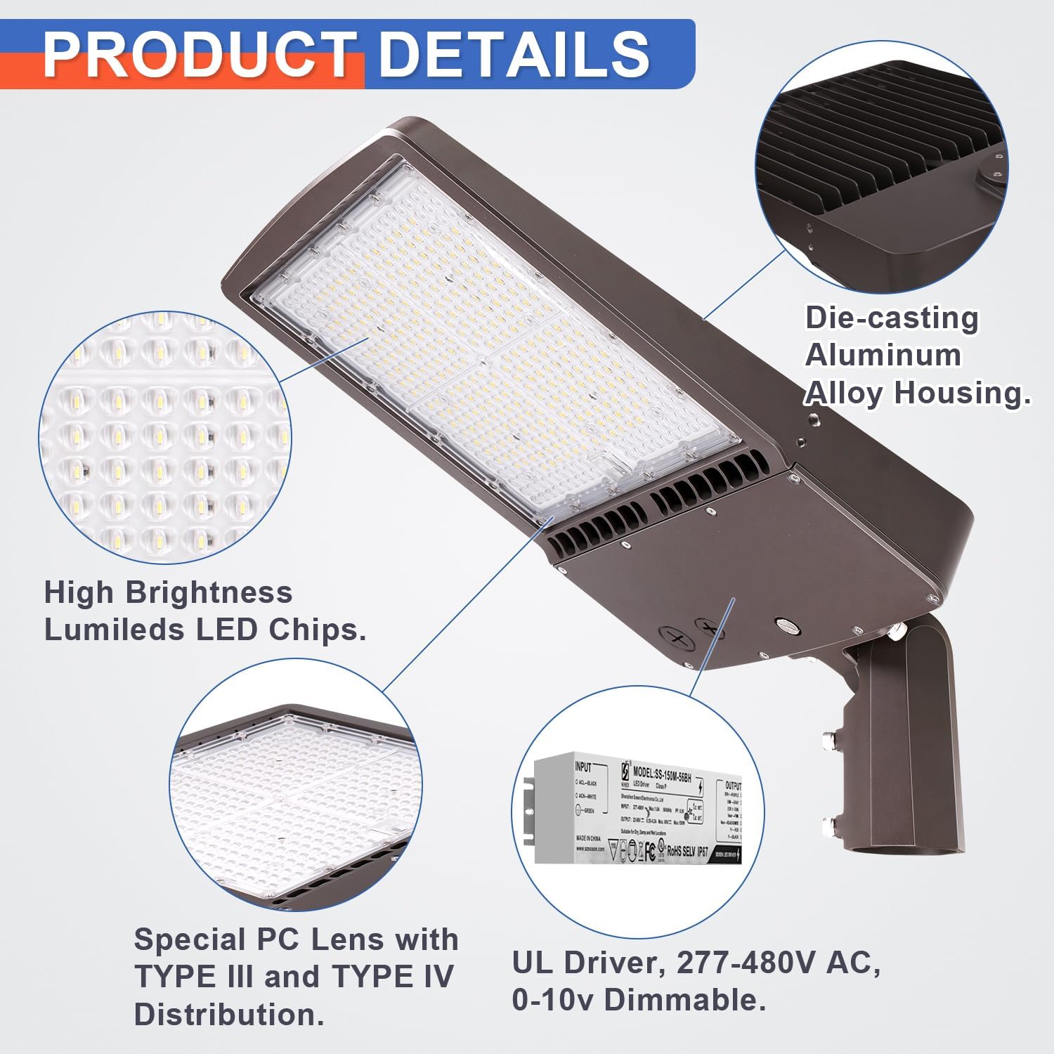 OSTEK 480V LED Shoebox Lighting, LED Area Pole Fixture for Parking Lot Lighting, IP65 Outdoor Commercial Area Road Lighting 5000K DLC UL Certified (Direct Arms Mount, 150 Watts)