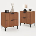 SUNWAVE Walnut Fluted Nightstand Set of 2, Modern Night Stands with 2 Drawers, Bedside Table for Twin/Full/Queen Bed, End Table with Robot-Friendly Metal Legs for Bedroom, Living Room