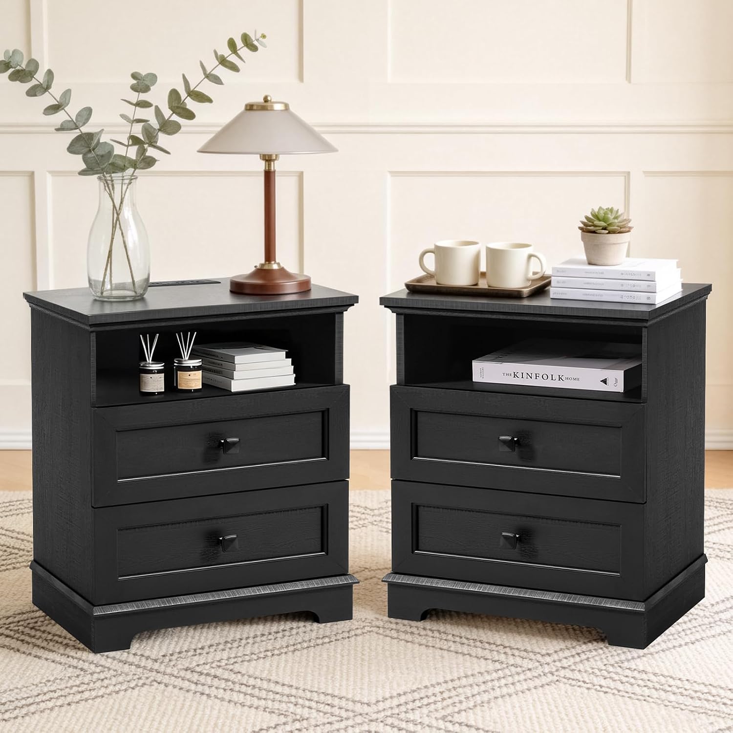 20-Inch Wide Modern Nightstands Set of 2 with Charging Station & Outlets, Bedside Tables with 2 Drawers and Open Shelf, Sleek Design End Tables for Bedroom and Office, Black