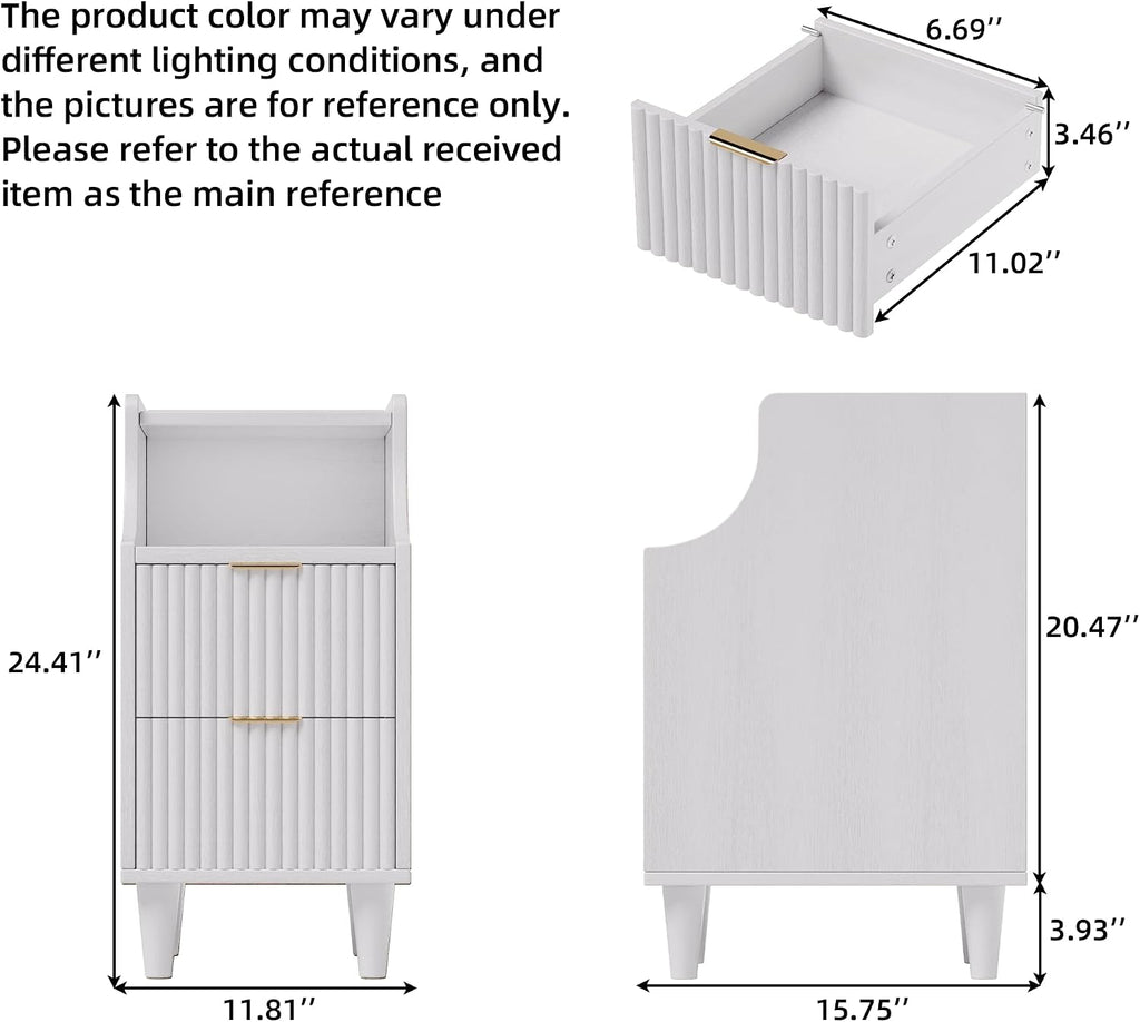 Narrow Nightstand Set of 2,11.8' Fluted Bedside Table Set of 2, Slim Side End Table with 2 Drawers, Wooden Bedside Table, White Wood Night Stand for Bedroom Livingroom Sofa Office